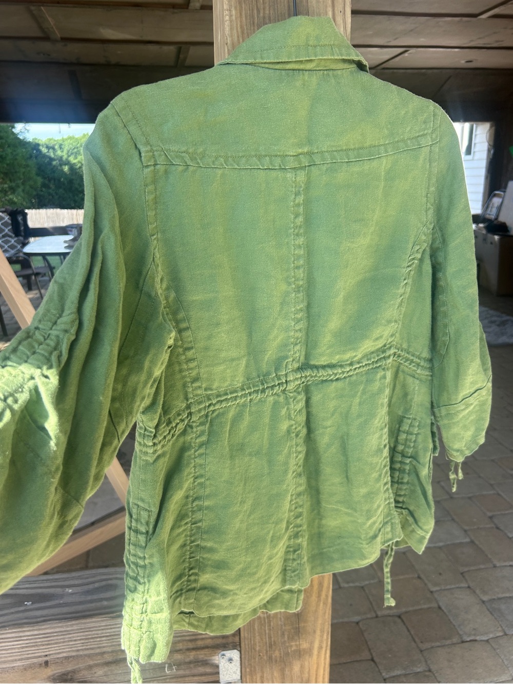 Live A Little Linen Jacket Women M Matcha Green Ruched Boho Utility Lagenlook - Picture 2 of 5